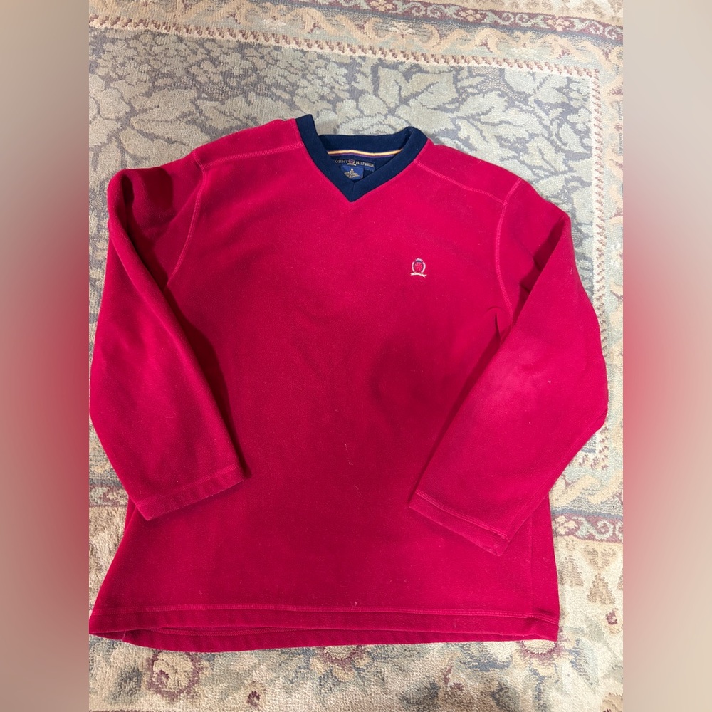 Tommy Hilfiger Red V-Neck Sweater with Navy Trim
